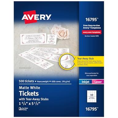 Avery Printable Tickets with Tear-Away Stubs, 1.75" x 5.5", Matte White, 500 Blank Tickets for Laser and Inkjet Printers (16795) image