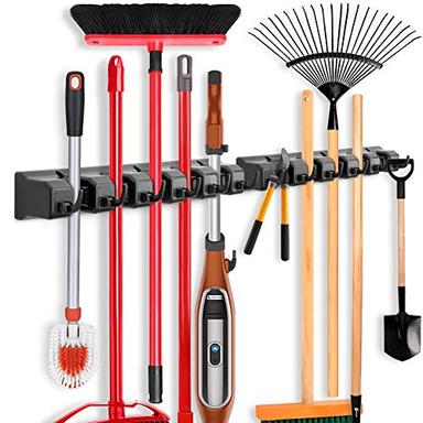 IMILLET 2 Pack Mop and Broom Holder, Wall Mounted Organizer Mop and Broom Storage Tool Rack with 5 Ball Slots and 6 Hooks (Black) image