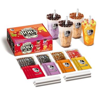 J WAY Instant Boba Bubble Pearl Variety Milk Fruity Tea Kit with Authentic Brown Sugar Caramel Tapioca Boba, Ready in Under One Minute, Paper Straws Included - Gift Box - 10 Servings image