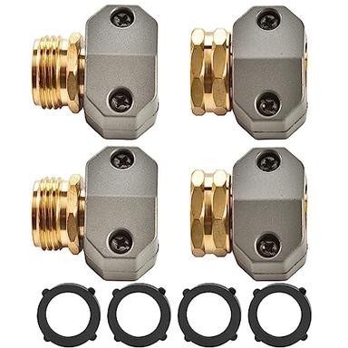 Sanpaint Garden Hose Repair Connector Fitting, Brass Mender Female and Male Hose End Connector with Zinc Clamp, Fit 5/8-Inch and 3/4-Inch Garden Hose, 2 Sets image