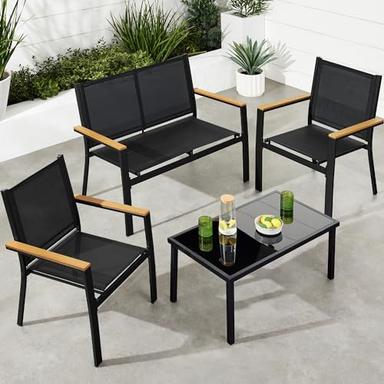 Best Choice Products 4-Piece Outdoor Textilene Patio Conversation Set, Backyard Furniture w/Loveseat, Coffee Table, Steel Frame - Black/Black image