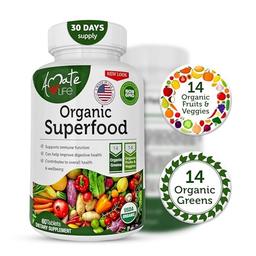 Organic Superfood Greens Fruits and Veggies Complex - Best Dietary Supplement with 14 Greens and 14 Fruits & Vegetables with Alfalfa Rich in Antioxidants Organic Ingredients Non-GMO 60 Tablets image