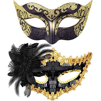SIQUK Couple Masquerade Masks Sequins Venetian Party Mask Plastic Halloween Costume Mask Rhinestone Mardi Gras Mask for Couples Women and Men image