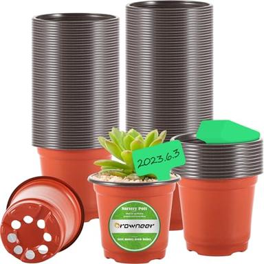 GROWNEER 120 Packs 4 Inch Plastic Plant Nursery Pots with 15 Pcs Plant Labels, Seed Starting Planting Pot Flower Planter Container for Succulents, Seedlings, Cuttings, Transplanting image