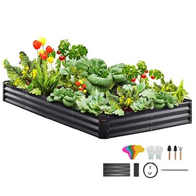 VEVOR Raised Garden Beds Kit Outdoor, 8x4x1 FT Galvanized Metal Garden Bed Raised Beds for Gardening, Planter Raised Box for Vegetables Flowers with Safe Edging, Gloves and Planting Tools, Dark Grey image
