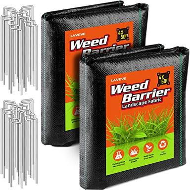 LAVEVE 4FT x 100FT Weed Barrier Landscape Fabric, 3.2oz Premium Heavy-Duty Gardening Weed Control Mat, Ground Cover for Gardening, Farming with 30 U-Shaped Securing Pegs（2 Pack 4x50FT） image