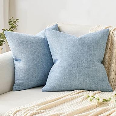 MIULEE Pack of 2 Decorative Linen Burlap Pillow Cover Square Solid Spring Throw Cushion Case for Sofa Car Couch 18x18 Inch Light Blue image