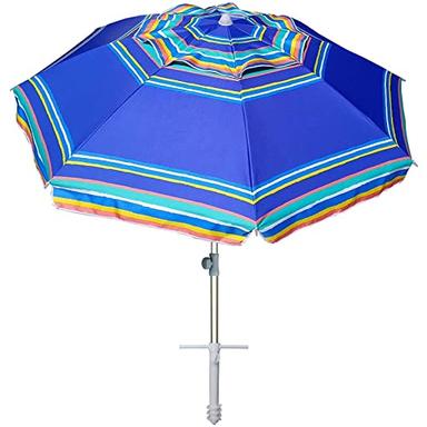 AMMSUN 7ft Heavy Duty High Wind Beach Umbrella Parasols with sand anchor & Tilt Sun Shelter, UV 50+ Protection Outdoor Sunshade Umbrellas Carry Bag for Patio Garden Pool Backyard Stripe Blue image