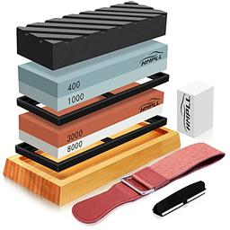 Knife Sharpening Stone Set, HMPLL Whetstone Knife Sharpener Stone Set 4 Side Grit 400/1000 3000/8000, Professional Include Non-Slip Bamboo Base, Leather Strop, Flattening Stone & Angle Guide image