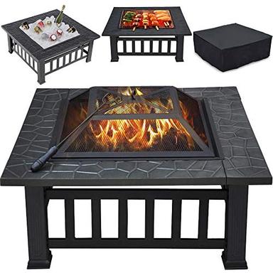 Yaheetech Multifunctional Fire Pit Table 32in Square Metal Firepit Stove Backyard Patio Garden Fireplace for Camping, Outdoor Heating, Bonfire and Picnic image