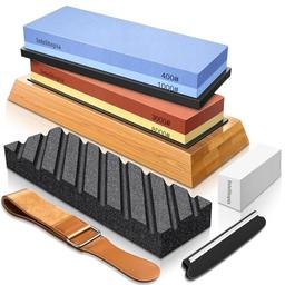 Intelitopia Complete Knife Sharpening Stone Set – Dual Grit Whetstone 400/1000 3000/8000 Knife Sharpener with Leather Strop, Flattening Stone, Bamboo Base, 3 Non-slip Rubber Bases & Angle Guide image