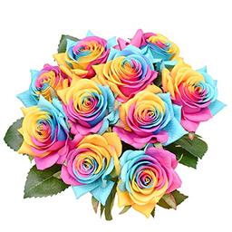 Mandy's 10pcs Rainbow Fake Flowers Artificial Silk Rose Flowers 15" for Valentine’s Day Mother's Day Easter Home Decoration Bridal Wedding Bouquet Parties and Halloween Decorations image