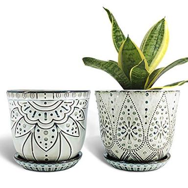 Gepege 6 Inch Beaded Ceramic Planter Set of 2 with Drainage Hole and Saucer for Plants, Indoor-Outdoor Large Round Succulent Orchid Flower Pot (Smoked Gray, Inner-pots not Larger Than 5 Inch) image