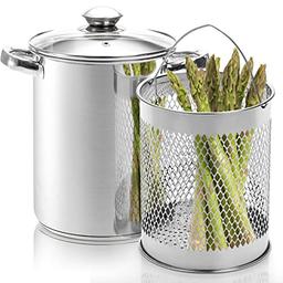 AVLA Asparagus Pot, 4 Quart Stainless Steel Steamer Cooker, Vegetable Asparagus Cooker with Removable Basket and Lid for Pasta, Spaghetti, Boiled Eggs, Shrimp, Oil Deep Fry Pan for French Fries image