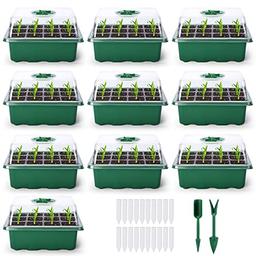 Delxo 10-Pack Seed Starter Kit Seedling Starter Tray (12 Cells per Tray) Humidity Adjustable Plant Germination Kit Garden Seed Starting Tray with Dome and Green Base Plus Plant Tags Hand Tool Kit image