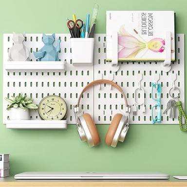 Tuzau Pegboard Combination Wall Organizer,Wall Mounted Storage Set, with 2 Pegboards & 13 Accessories Hanging, Kitchen Organizer, 23.6"x 11".81, Wall Mounted Storage Set, White Peg Board Organizer image
