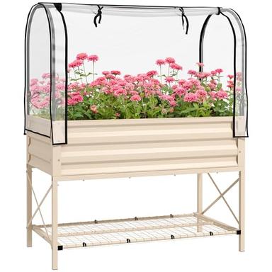 Outsunny Raised Garden Bed with Cover and Storage Shelf, Rectangular Metal Elevated Planter Box with Legs and Bed Liner for Vegetables, Flowers, Herbs, Cream image