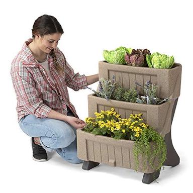 Simplay3 American Home™ 3-Level Multi Tiered Planter – Larger Planter Boxes for Indoor and Outdoor Garden Beds, Natural Stone Color, Made in USA image