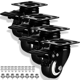 Casters Wheels Set of 4 Heavy Duty Swivel Casters 2" Double Locking Castor Wheels Set with Brake Industrial Polyurethane Metal Wheels for Workbench, Furniture, Cabinet, Wood Box, Outdoor Plate Casters image