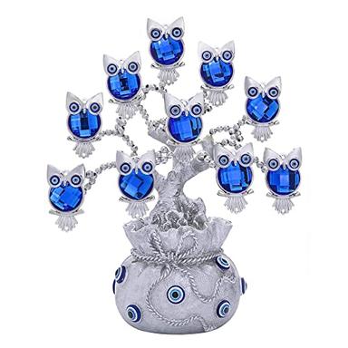 YU FENG Owl Figurines Decorations Turkish Evil Eye Tree with Silver Lucky Bag for Home Decor Good Luck Protection Gift image