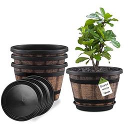 Quarut Plant Pots Set of 4 Pack 12 inch,Large Whiskey Barrel Planters with Drainage Holes & Saucer.Plastic Flower Pots Imitation Wine Barrel Design, for Indoor & Outdoor Garden Home Plants (Brown) image