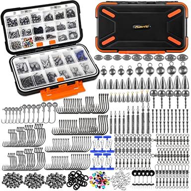 PLUSINNO 397pcs Fishing Accessories Kit, Fishing Tackle Box with Tackle Included, Hooks, Weights, Jig Heads, Swivels Snaps Combined into 12 Rigs, Fishing Gear Equipment for Bass image