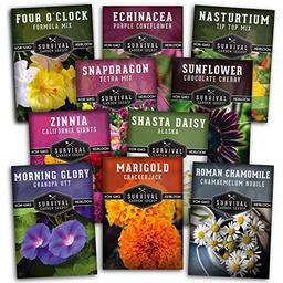 Survival Garden Seeds 10 Flower Collection - Four O’Clock, Chamomile, Shasta Daisy, Purple Coneflower, Marigold, Morning Glory, Nasturtium, Snapdragon, Sunflower, Zinnia - Non-GMO Heirloom Varieties image