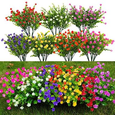 WEAUSUP 21 Bundles Outdoor Faux Plants UV Resistant Faux Bushes Plastic Artificial Flowers Fake Outdoor Plants for Home Garden Decor (7 Colors) image