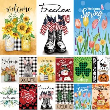 Seasonal Garden Flags Set of 12 Double Sided 12 x 18 Inch Yard Flags, Small Garden Flags for Outside, Fall Winter Halloween Christmas Outdoor Flags, Holiday Garden Flags for All Seasons image