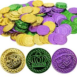 GiftExpress 144PC Mardi Gras Plastic Coins Assorted Metallic Gold Green Purple Mardi Gras Coins Bulk for Mardi Gras Parade, Party Favors image