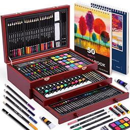 175 Piece Deluxe Art Set with 2 Drawing Pads, Acrylic Paints, Crayons, Colored Pencils Set in Wooden Case, Professional Art Kit, for Adults, Teens and Artist, Paint Supplies image