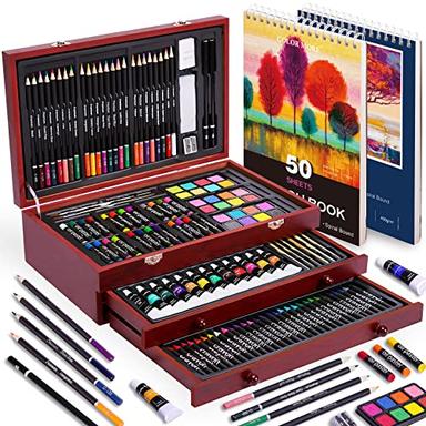 175 Piece Deluxe Art Set with 2 Drawing Pads, Acrylic Paints, Crayons, Colored Pencils Set in Wooden Case, Professional Art Kit, for Adults, Teens and Artist, Paint Supplies image