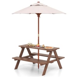 HONEY JOY Kids Picnic Table, Toddler Outdoor Table & Bench Set, Wooden Children Patio Furniture with Folding Umbrella, Kids Picnic Tables for Outdoors, Gift for Boys Girls image