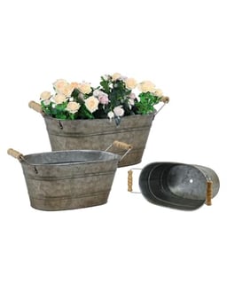 Galvanized Oval Planter Tubs for Outdoor Plants - Farmhouse Small Metal Tin Buckets with Drain Hole & Rubber Plug Medium Plant Containers with handles vintage style for decor, Set of 3 image