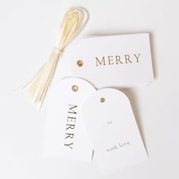 Merry Market Christmas Holiday Letterpress Gift Tags, Merry and to/with Love, Set of 25 with Ribbon image