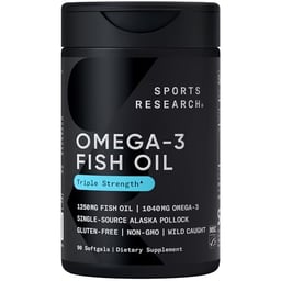 Sports Research Triple Strength Omega 3 Fish Oil - Burpless Fish Oil Supplement w/EPA & DHA Fatty Acids from Single-Source Wild Alaska Pollock - 1250 mg, 90 ct image