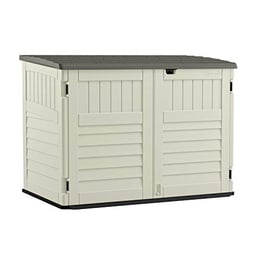 Suncast 5.9 ft. x 3.7 ft Horizontal Stow-Away Storage Shed - Natural Wood-like Outdoor Storage for Trash Cans and Yard Tools - All-Weather Resin, Hinged Lid, Reinforced Floor - Vanilla and Stoney image