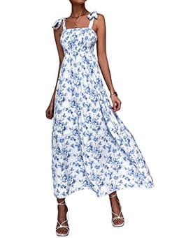 MakeMeChic Women's Summer Boho Dress Casual Floral Print Spaghetti Strap Square Neck Long Maxi Dress Beach Sun Dress White and Blue A M image