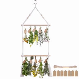 PROTITOUS 2Tier Herb Drying Rack Flower Drying with 25PCS Brown Gift Tags and 32ft Natural Jute Twine herb Dryer,Herb Drying Rack,Hanging Herb Dryer Rack image