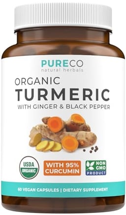 USDA Organic Turmeric Curcumin with Black Pepper and Ginger (2 Month Supply) Joint Support Supplement with Tumeric and Ginger Root Powder - Organic Turmeric Supplement - 60 Vegan Capsules (No Pills) image