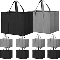 WISELIFE Reusable Grocery Shopping Bags 10 Pack Large Foldable Tote Bags Bulk, Eco Produce Bags with Long Handle for Shopping Groceries Clothes (Grey&Black) image