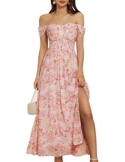 2024 Women's Summer Sleeveless Off Shoulder Floral Flowy A Line Maxi Dresses Pink Floral XL image