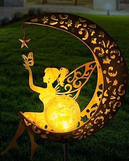 Vuees Solar Garden Statues Outdoor Decor, Fairy Moon Figurine Light Stake, Housewarming Ornament for Patio, Lawn, Yard, Pathway - Unique Gift Ideas for Gardening Mom Grandma image