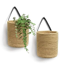 Goodpick 2pack Jute Hanging Basket - Small Woven Fern Hanging Rope Basket Flower Plants Wall Basket Decor Set Boho, 7.87 x 7 x 11.7 inches image