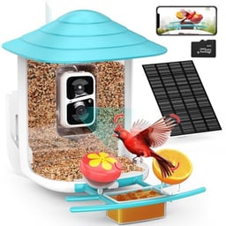 birdsnap® TUC- Smart Bird Feeder with Camera+Solar Panel SD Card 4-in-1 Perch, 160°View 1080P Auto Detect & Notify, AI Identify 10000+ Bird Watching Camera Wireless Outdoor for Bird Lover, Blue image