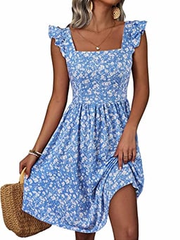 Loemes Sun Dresses Women Summer Casual 2023 Floral Light Blue Flowy Knee Length Wedding Guest Dresses for Women Small Blue Floral image