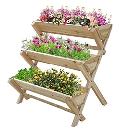 LZRS 35x22x36 inches 3-Tiers Wooden Raised Garden Bed, Fir Wood Flower Rack Vertical Flower Pot Stands for Patio, Balcony, Freestanding Indoor Outdoor,Natural image