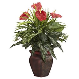 Nearly Natural Mixed Greens & Anthurium with Decorative Vase Silk Plant image