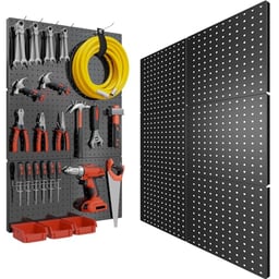 Peg Board, 6PCS Metal Pegboard, Heavy Duty Pegboard Wall Organizer with Frame. Black Pegboard for Walls, Garage, Workbench, Craft Room Tool Organization, Metal Pegboard Panels 12in*12in image