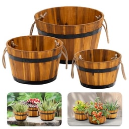 IDZO Set of 3 Wooden Flower Boxes Outdoor, Durable Acacia Wood Barrel Planters for Outdoor Plants with Ergonomic Handles, Drainage Holes, Multiple Sizes Wood Bucket Planter for Home Décor image